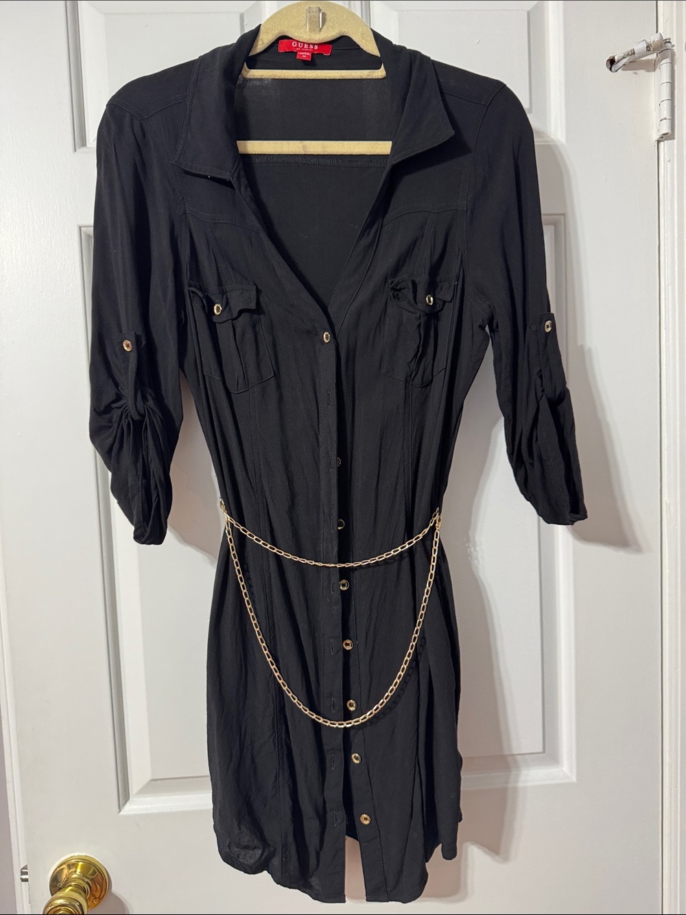Guess Black Long-Sleeve Shirt Dress with Gold Chain Belt, Medium but is small